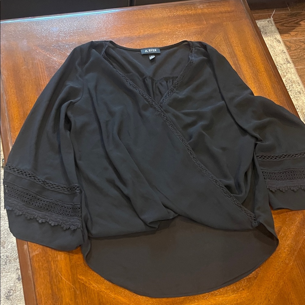 A. Byer Black Wrap Blouse with Lace Trim